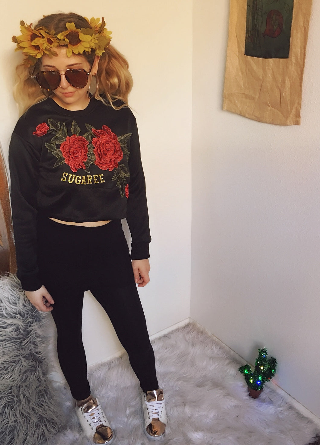X SOLD X SUGAREE 3D Rose Gold Glitter Letter Crop Sweatshirt SMALL