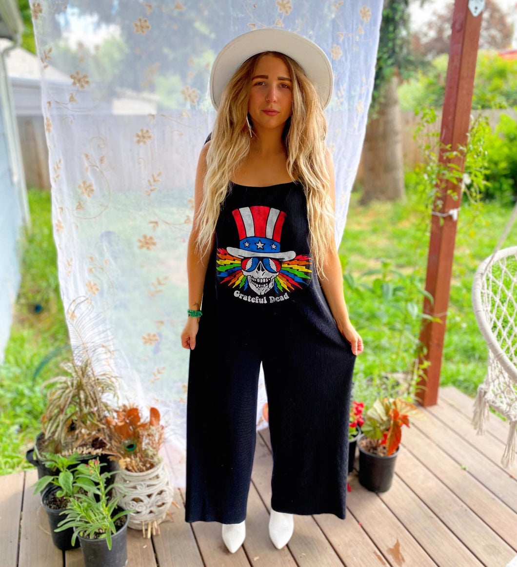 Grateful Dead Uncle Sam Rainbow Black Wide Leg Jumpsuit - l/xl