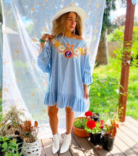 Grateful Dead Embroidered Bell Sleeve Mini Dress / Tunic - oversized medium
