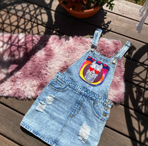 Disco Llama FIshman Donut + Tie Dye Appliqué Denim Overall Dress
