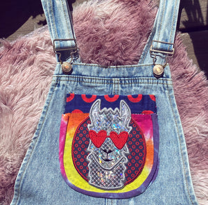 Disco Llama FIshman Donut + Tie Dye Appliqué Denim Overall Dress