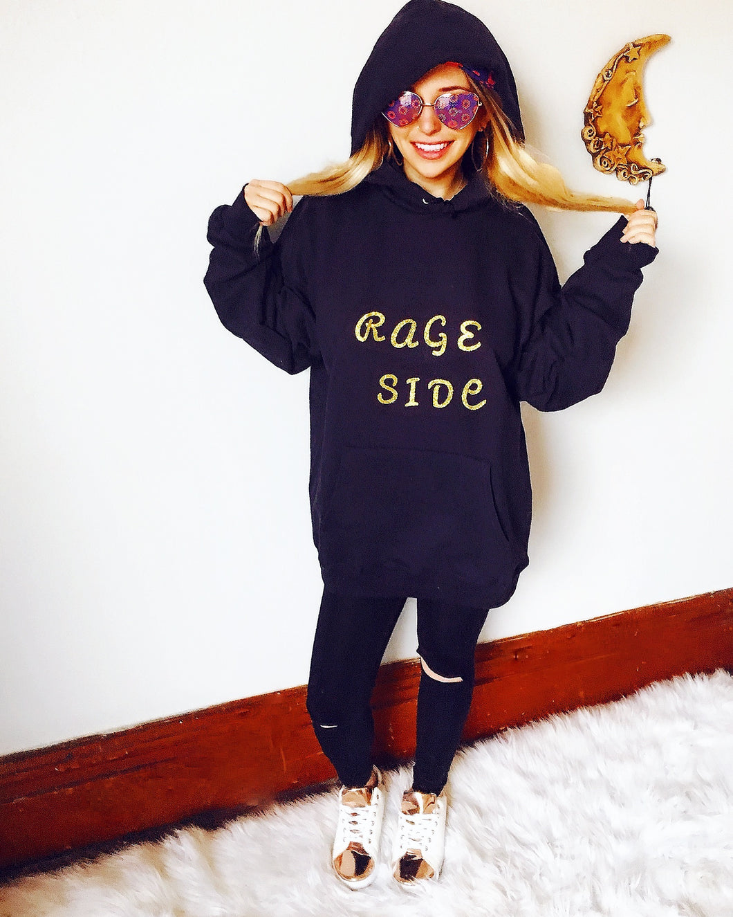 X SOLD X RAGE SIDE Gold Glitter Hoody Sweatshirt LARGE