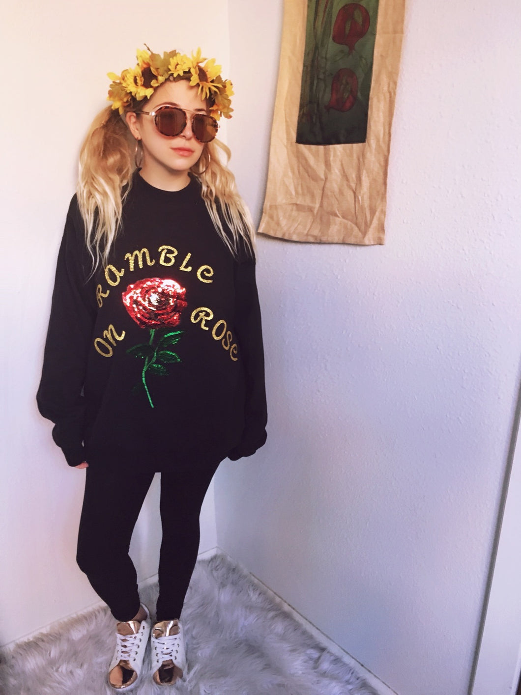 X SOLD X RAMBLE ON ROSE Grateful Dead Rose Glitter Gold LARGE